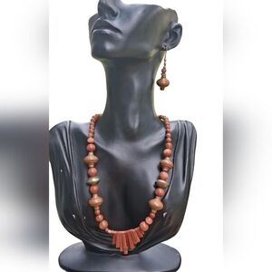 VINTAGE GOLDSTONE & BRASS BEAD STATEMENT NECKLACE & EARRINGS SET